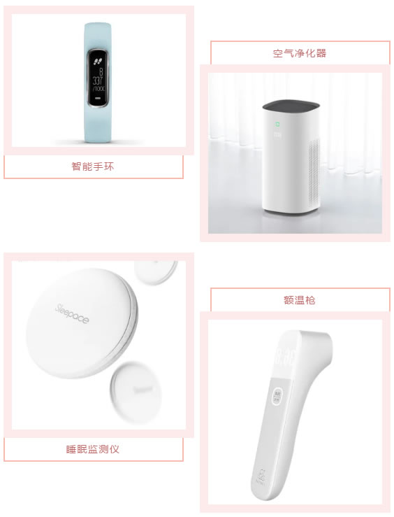 智能手環(huán)、空氣凈化器、睡眠監(jiān)測儀、額溫槍